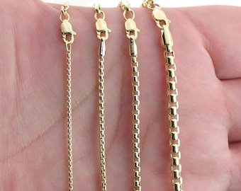 14k Solid Yellow Gold Round Box Chain Necklace: Unisex Shiny Fine Jewelry