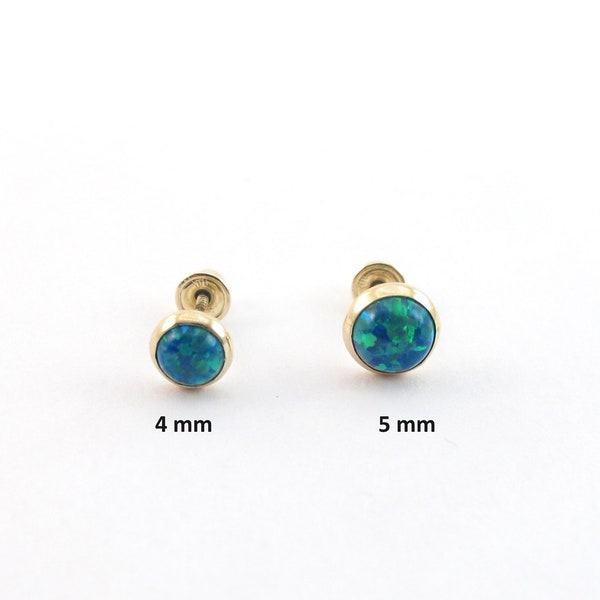 14k Yellow Gold Fiery Blue And Green Opal Stud Earrings - Srew Back Studs 4 mm , 5 mm wide