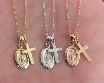 14k Gold Cross Necklace - Two Tone Virgin Mary Rosary Gold Cross - Solid Chain - LE2956