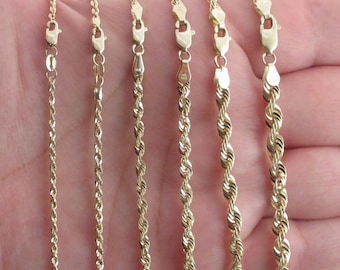 14k Yellow Gold Diamond Cut Rope Chain: Hollow Design- 1.5 mm To 4.5 mm