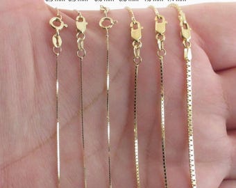 10k Solid Yellow Gold Shiny Box Chain Necklace  16" 18" 20" 22" 24" - 0.5 mm, 0.6 mm , 0.8 mm , 1.0 mm , 1.4 mm - Fine Shiny Unisex Chains