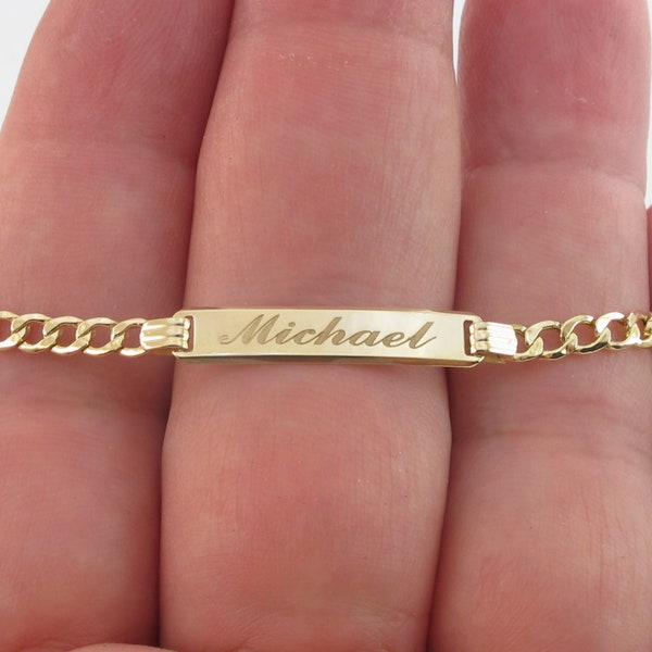 Baby ID Name Bracelet 14k Solid Yellow Gold Gold Cuban Link - For Boys And Girls - Adjustable