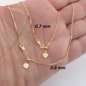 Adjustable 10k Yellow Gold Shiny Box Chain Necklace 22&quot; Available in 0.7 mm And 0.8 mm