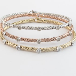 14k Gold Diamond Soft Bangle Bracelet - Yellow White And Rose Gold Braided Style Bangle
