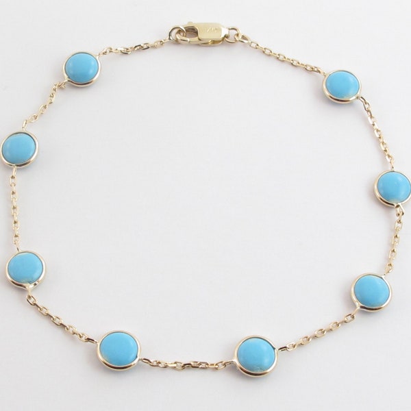Turquoise By The Yard Station Bracelet 14k Yellow Gold 7"- 8"