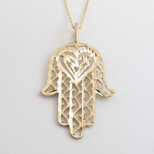 14k Yellow Gold Filigree Hand Of God Hamsa Necklace For Protection 16" 18" 20"