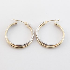 14k Yellow And White Gold Hoop Earrings - Shiny Diamond Cut Hoops