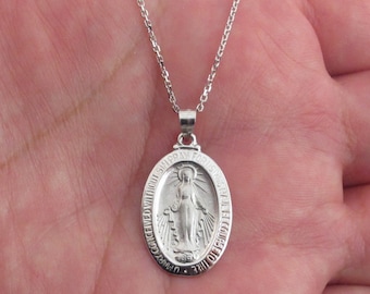 14k Solid White Gold Virgin Mary Pendant Necklace 16" 18" 20" 24"