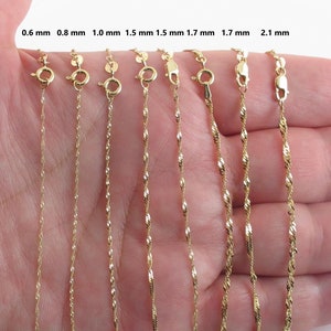 14k Solid Yellow Gold Singapore Chain Necklace 16&quot;, 18&quot;, 20&quot;, 22&quot;, 24&quot; - 0.6 mm 0.8 mm 1.0 mm 1.5 mm 1.7 mm 2.1 mm - Fine chains for ladies