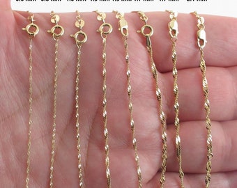 14k Solid Yellow Gold Singapore Chain Necklace 16", 18", 20", 22", 24" - 0.6 mm 0.8 mm 1.0 mm 1.5 mm 1.7 mm 2.1 mm - Fine chains for ladies