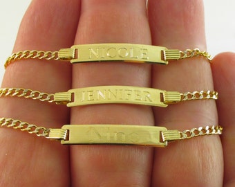 Baby ID Name Bracelet 14k Solid Yellow Gold Gold Cuban Link - For Boys And Girls - Adjustable