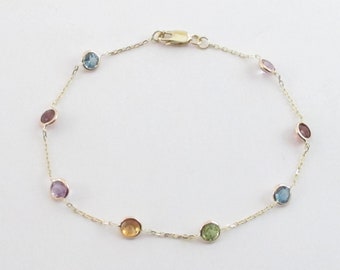 14k Yellow Gold Multi Gemstone Station Bracelet - 7", 8" and 10" Anklet
