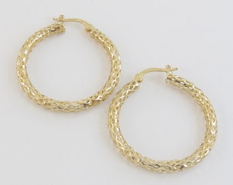 14k Yellow Gold Hoop Earrings - Great Sparkly Diamond Cut Hoops