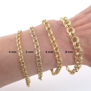 14k Yellow Gold Charm Bracelet 7,  7 1/4”, 8”- 4 mm , 5 mm , 6 mm , 8 mm wide