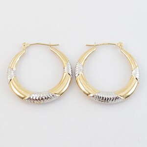 14k Yellow And White Gold Hoop Earrings - Shiny Diamond Cut Hoops