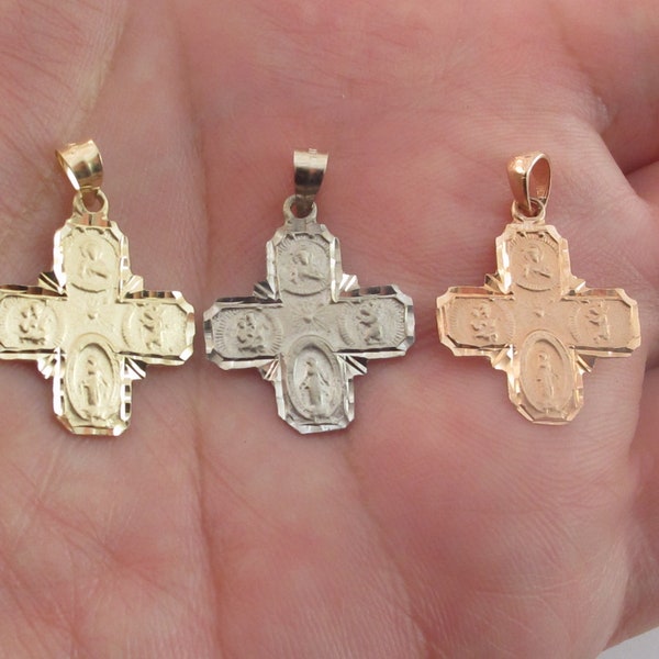 14k Gold Catholic Saints Cross Charm Pendant - Wonderful 4 Way Cross Pendant - Available In Yellow , White  And Rose Gold