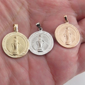 Real 14k Solid Gold Virgin Mary Charm Pendant - Wonderful Miraculous Medal - Available In Yellow White And Rose Gold