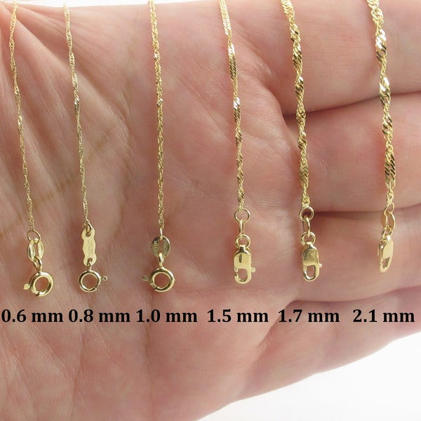 Singapore ketting 14k massief geelgouden ketting 16", 18", 20", 22", 24" - 0,6 mm 0,8 mm 1,0 mm 1,5 mm 1,7 mm 2,1 mm - Fijne kettingen voor dames