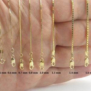 14k Solid Yellow Gold Shiny Box Chain Necklace 13" 16" 18" 20" 22" 24" 30" - 0.6 mm , 0.7 mm , 0.8 mm , 1.0 mm , 1.1 mm , 1.4 mm, 1.6 mm