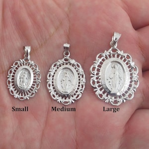 Real 14k Solid White Gold Virgin Mary Charm Pendant - Small , Medium And Large - Wonderful Miraculous Medal Pendant