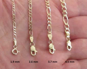 10k Solid Yellow Gold Figaro Bracelet 7", 8" - 1.9 mm , 2.6 mm , 3.7 mm , 4.5 mm