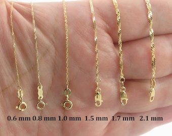 Singapore Chain 14k Solid Yellow Gold Necklace 16", 18", 20", 22", 24" - 0.6 mm 0.8 mm 1.0 mm 1.5 mm 1.7 mm 2.1 mm - Fine chains for ladies