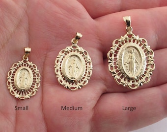 14k Solid Yellow Gold Virgin Mary Charm Pendant - Small Medium Large