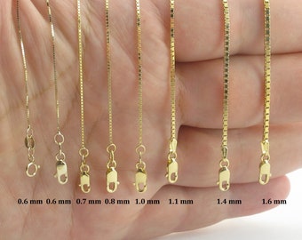 14k Solid Yellow Gold Shiny Box Chain Necklace 13" 16" 18" 20" 22" 24" 30" - 0.6 mm , 0.7 mm , 0.8 mm , 1.0 mm , 1.1 mm , 1.4 mm, 1.6 mm