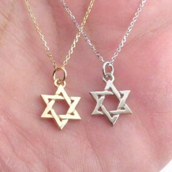 14k Solid Gold Jewish Star Of David Charm Necklace 16" 18" 20" - Available In Yellow And White Gold