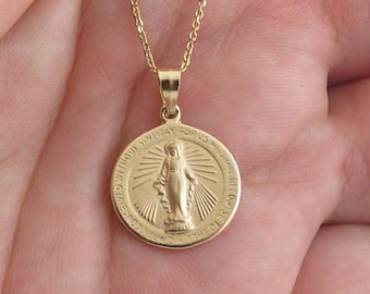 Real 14k Solid Yellow Gold Virgin Mary Pendant Necklace 16" 18" 20" -  Baptism , Confirmation, Birthday - Great For Kids And Women