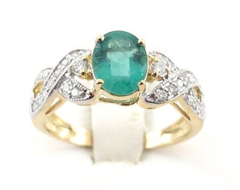 14K Yellow Gold Emerald And Diamond Ring, 14k Yellow Gold Gemstones Ring, Natural Emerald