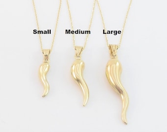 Italian Horn Pendant Necklace 14K Yellow Gold 16&quot; 18&quot; 20&quot;- Evil Eye Protection - Good Luck