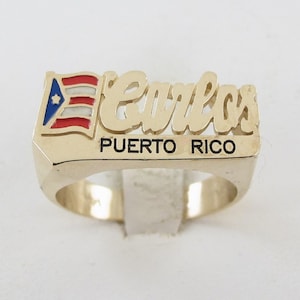 Puerto Rico or Dominican Gold Flag Name Ring in 14k or 10k and Silver - Can Be Ordered  in Any Flag And Finger Size