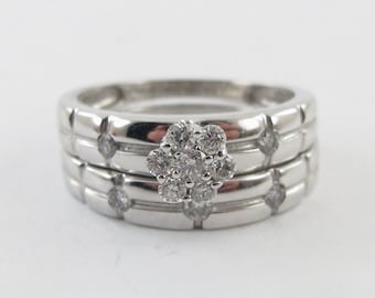 14k Solid White Gold Diamond Engagement Ring - Bridal Set
