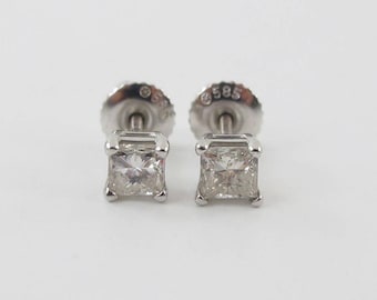 14k White gold Princess Cut Diamond Stud Earrings screw back