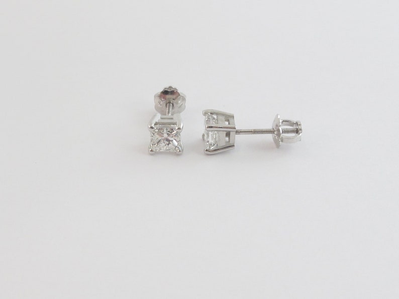 14k White Gold Princess Cut Diamond Stud Earrings Screw Back Etsy