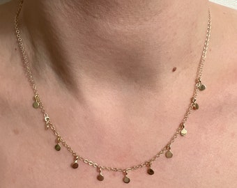 14k Yellow Gold Drop Disk Necklace 16" Adjustable to 14" - Dangling Disk Chain Necklace For Women - Can Be Worn On Both Sides