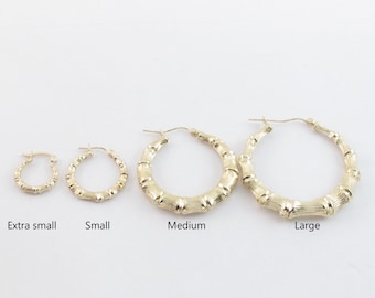 14k Yellow Gold Bamboo Hoop Earrings - Small , Medium And Large