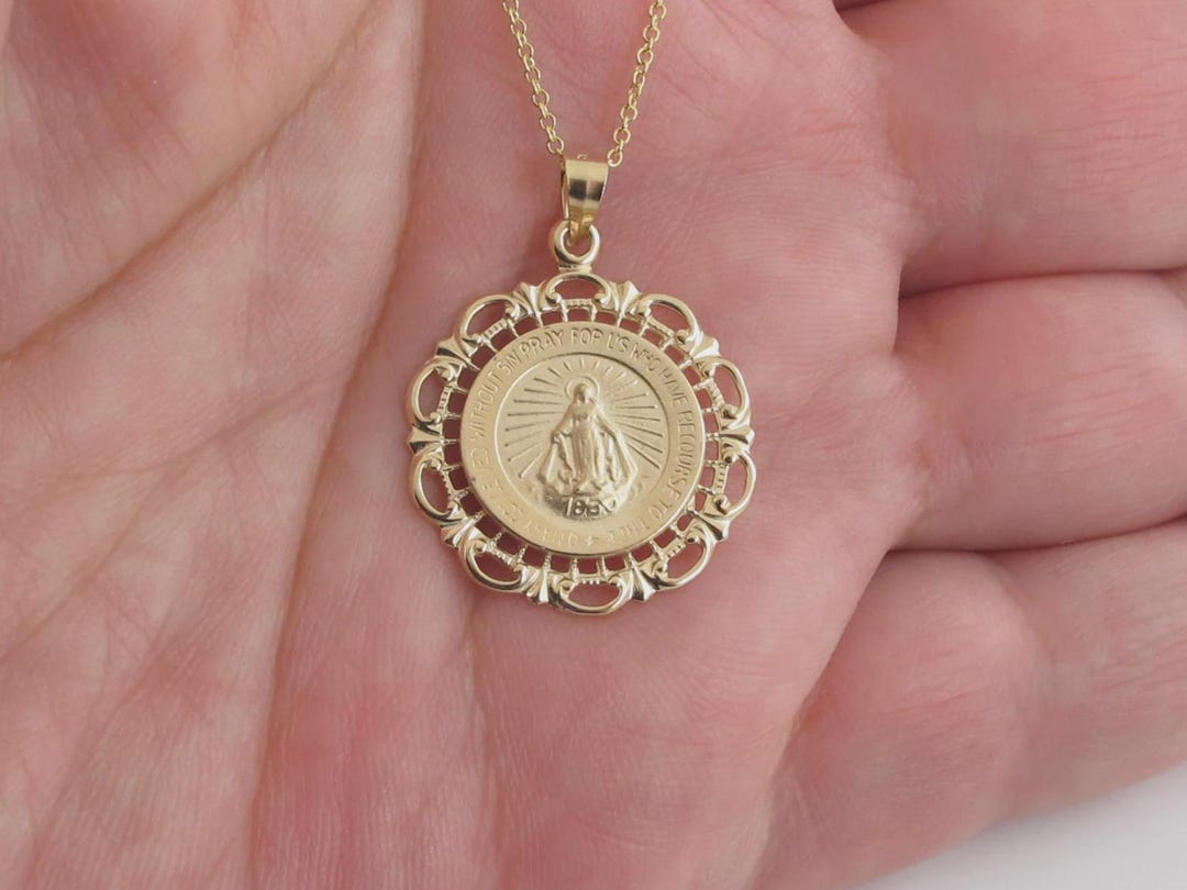 14K Solid Yellow Gold Miraculous Virgin Mary Pendant Necklace - Etsy