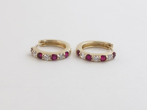 Diamond and Ruby Hoop Earrings 14k Yellow Gold Wonderful Huggie