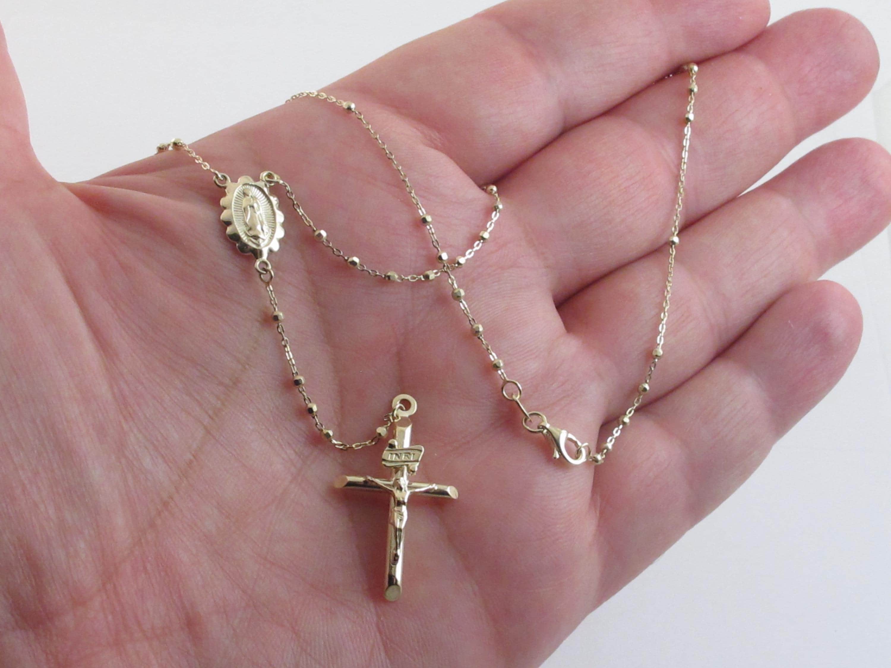 14k Solid Yellow Gold Virgin Mary Rosary Beads Necklace 18"