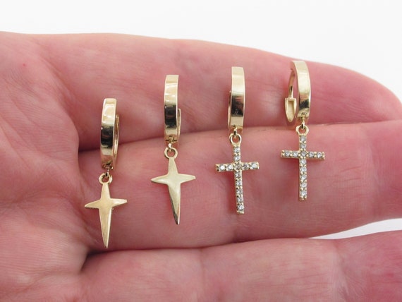 14k Soild Yellow Gold Cross Hoop Huggie Earrings in Plain Cross or With Cubic Zirconia Sold in Pairs or Single for Men or Women Etsy Ireland