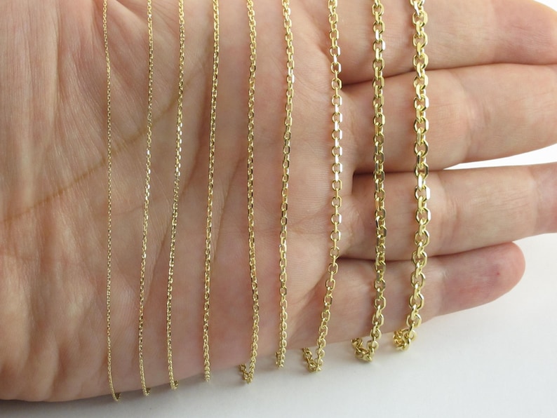 May include: A hand displays a variety of gold-colored chain necklaces. The chains vary in style and thickness, showcasing different link designs. The necklaces are presented against a neutral background, highlighting the jewelry's details.