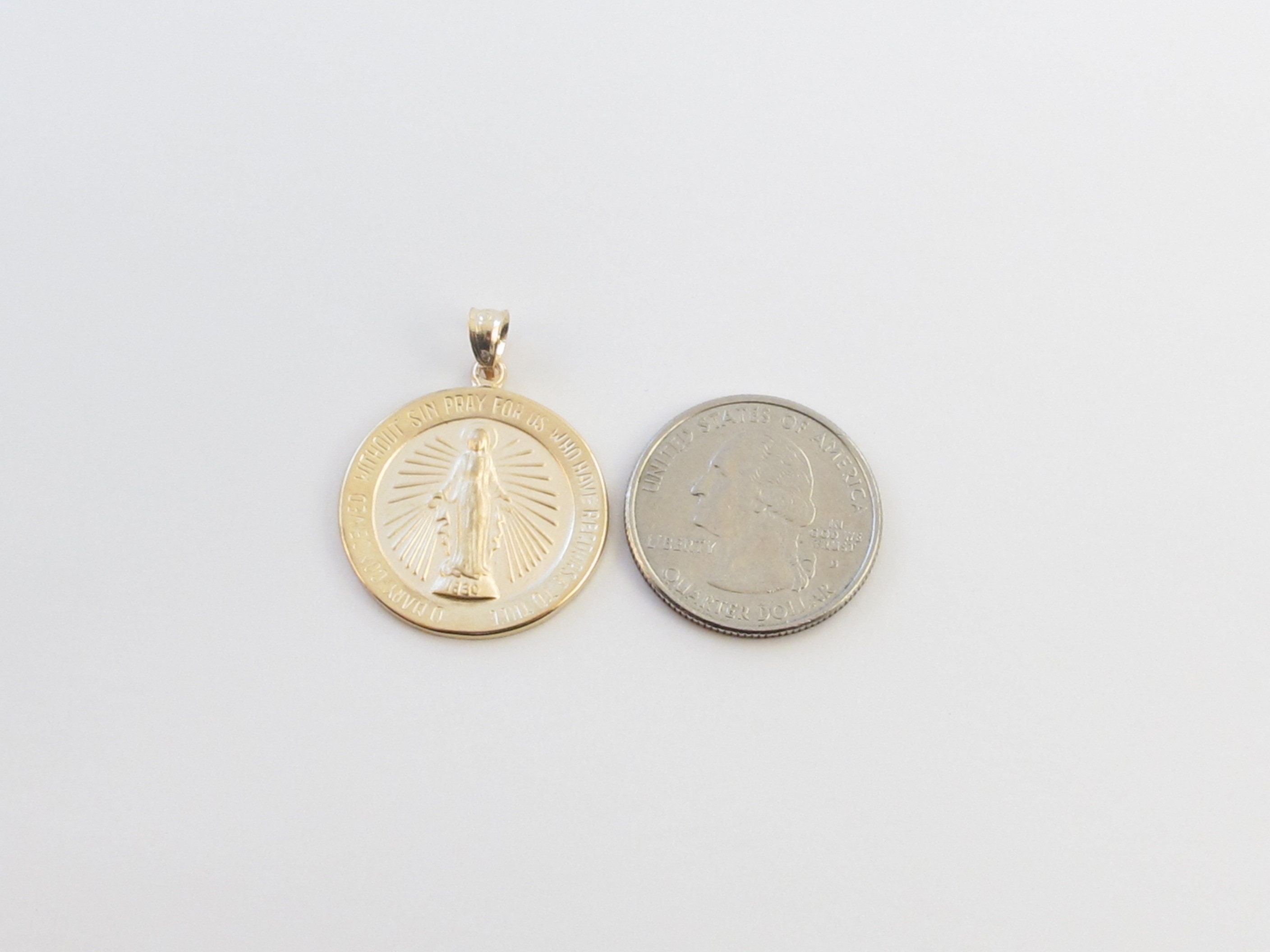 Real 14k Solid Yellow Gold Virgin Mary Charm Pendant - Miraculous Medal ...