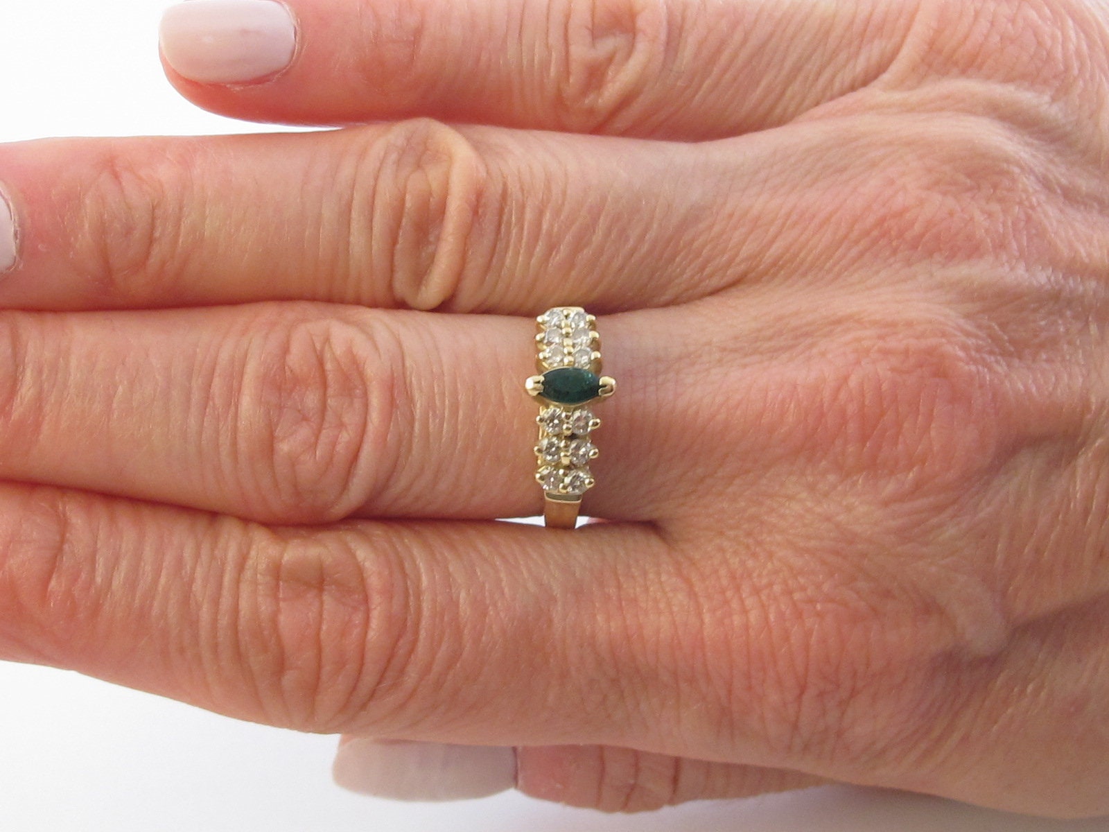 14k Yellow Gold Diamond And Emerald Pyramid Ring
