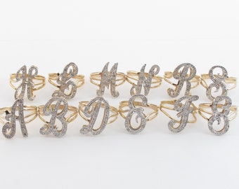 14k Yellow Gold Diamond Initial Letter Ring - Available Different Sizes