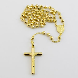 14k Yellow Gold Rosary Beads Necklace Virgin Mary Jesus Cross 18&quot; 20&quot;, 22&quot; , 24&quot; - 4mm Balls