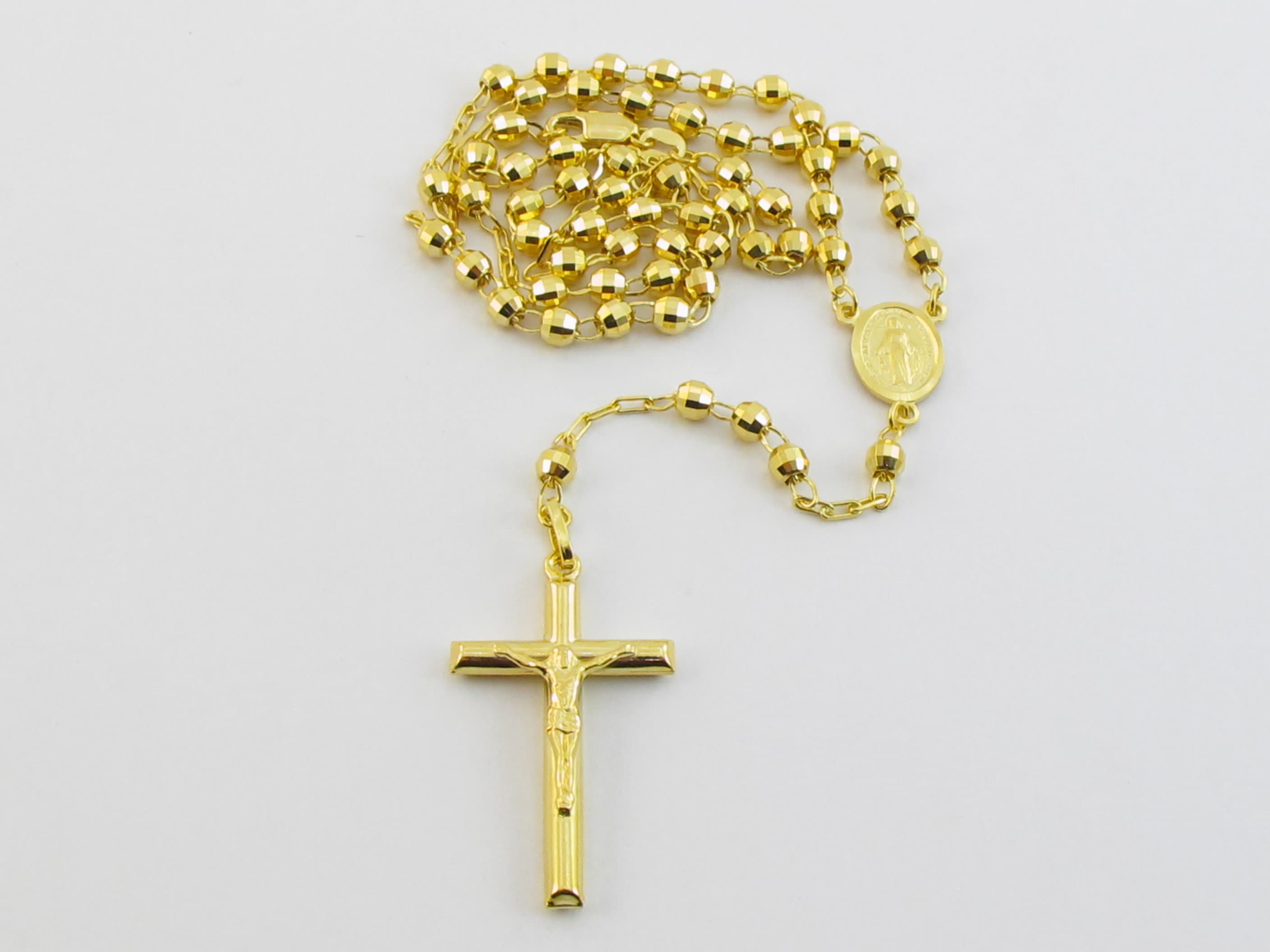 14k Yellow Gold Rosary Beads Necklace Virgin Mary Jesus Cross