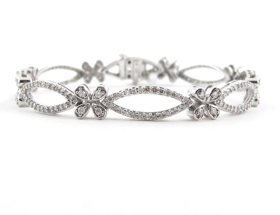 Diamond Tennis Bracelet 14K White Gold Elegant Hugs and Kisses