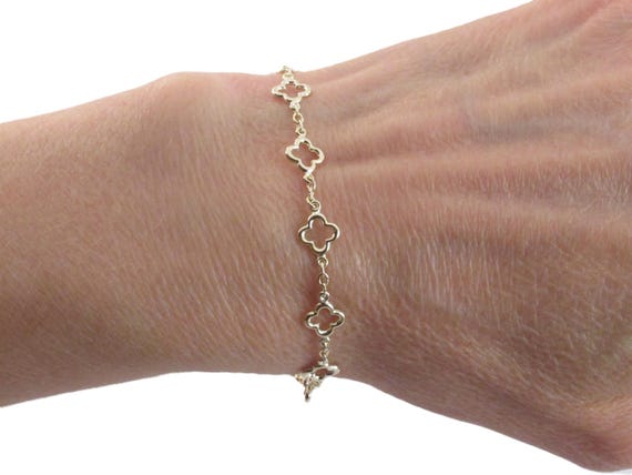 14k Solid Yellow Gold Irish Clover Bracelet And Necklace - 7" , 18"